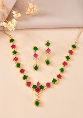Gold Plated Green And Red Square Stone Studded Jewellery Set