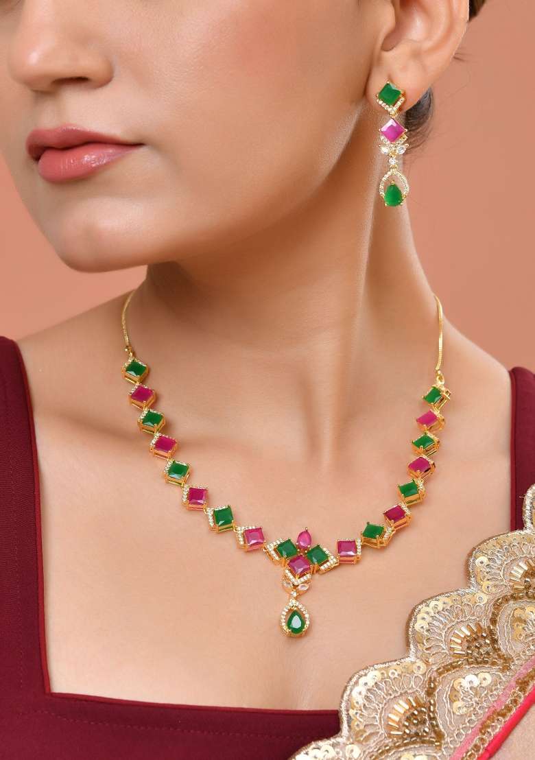 Gold Plated Green And Red Square Stone Studded Jewellery Set - Indya