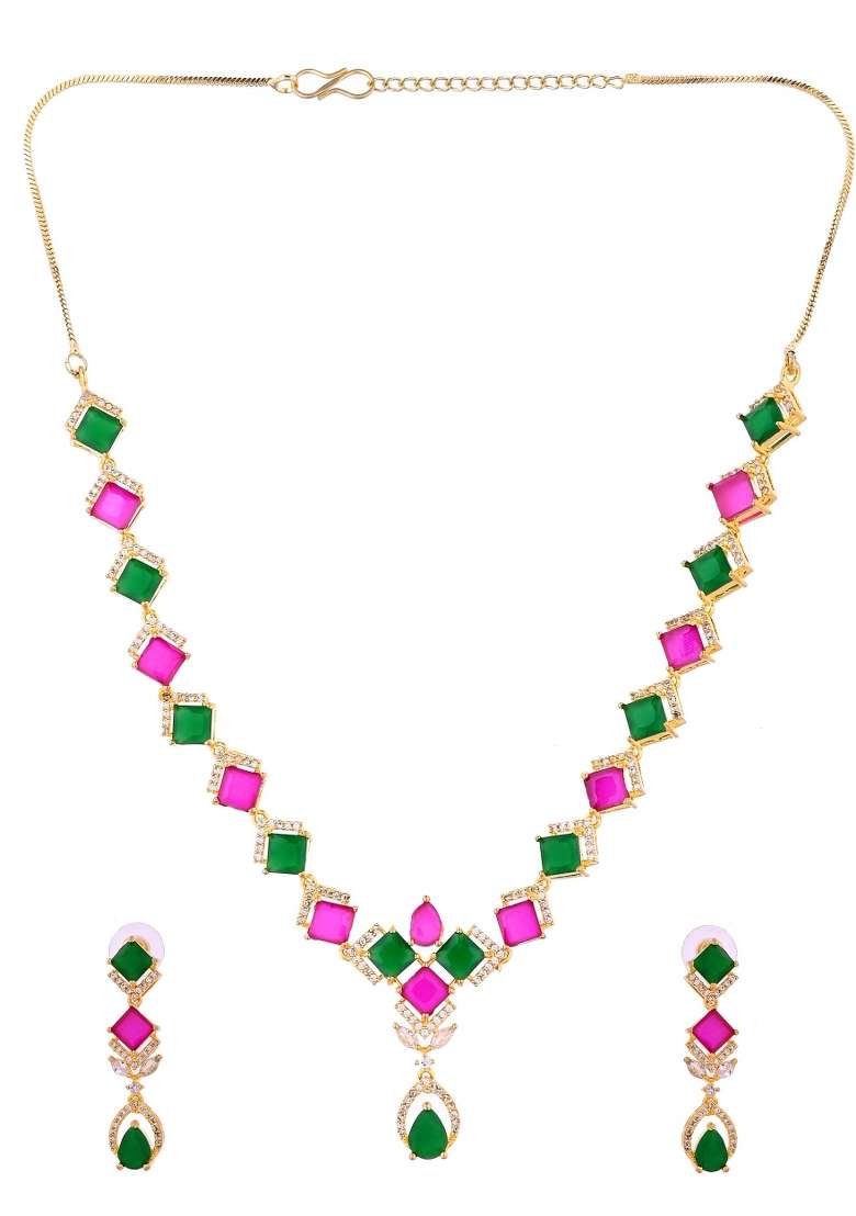 Gold Plated Green And Red Square Stone Studded Jewellery Set - Indya