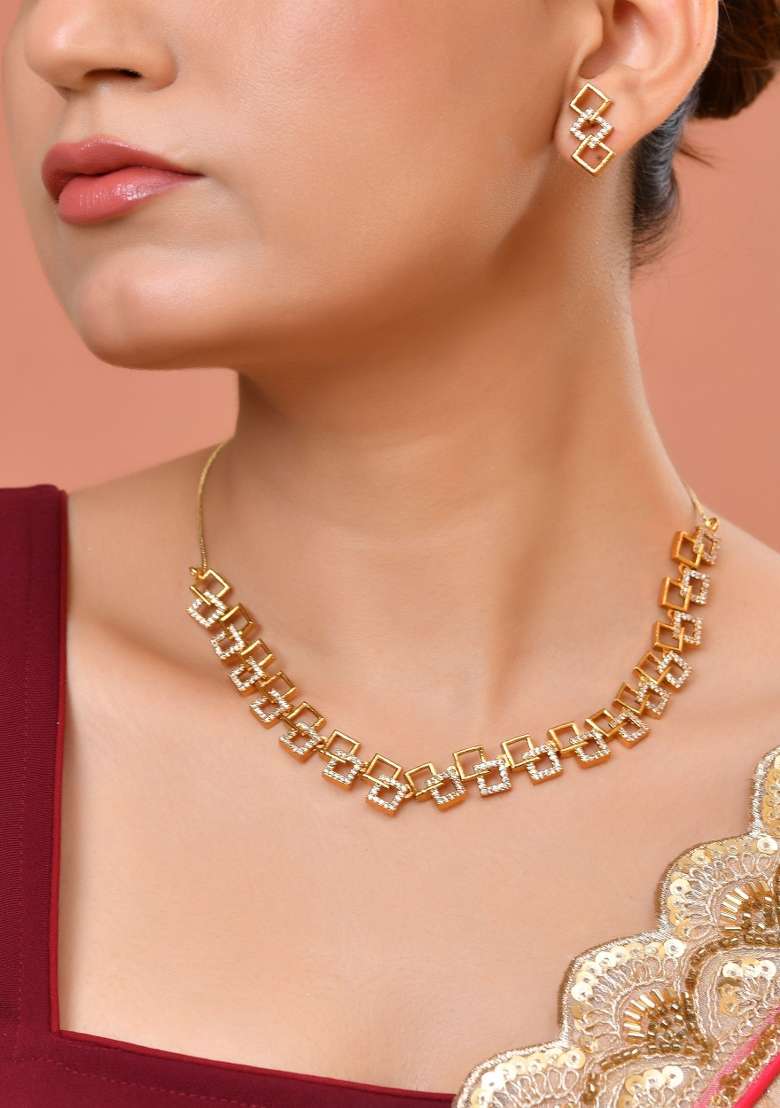 Gold Plated Geomatrical Shaped Ad Jewellery Set - Indya