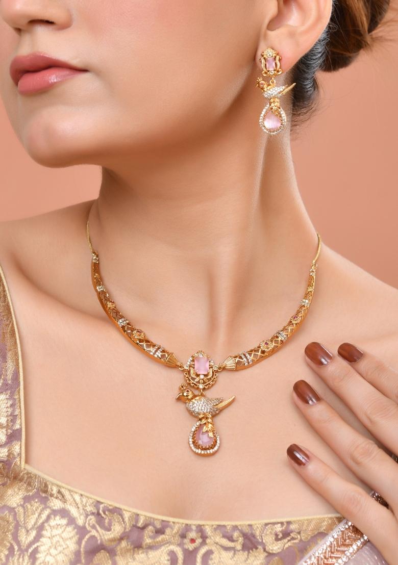 Gold Plated Bird Shaped Designer Ad Necklace Set - Indya