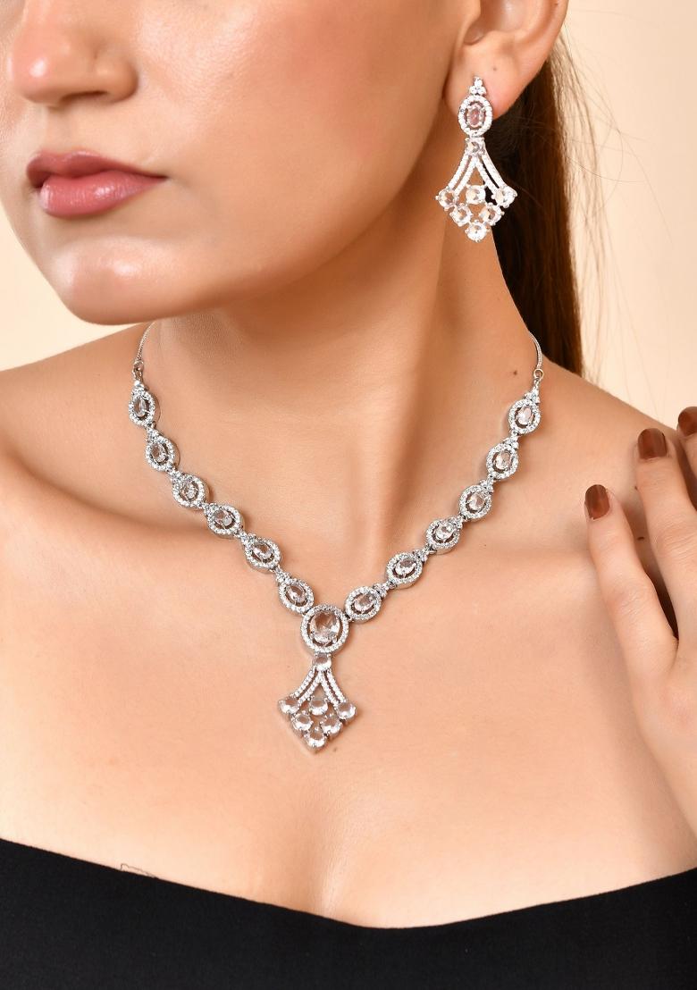 Silver Plated Ad Stone Studded Necklace Set - Indya