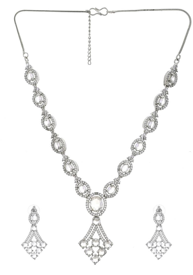 Silver Plated Ad Stone Studded Necklace Set - Indya