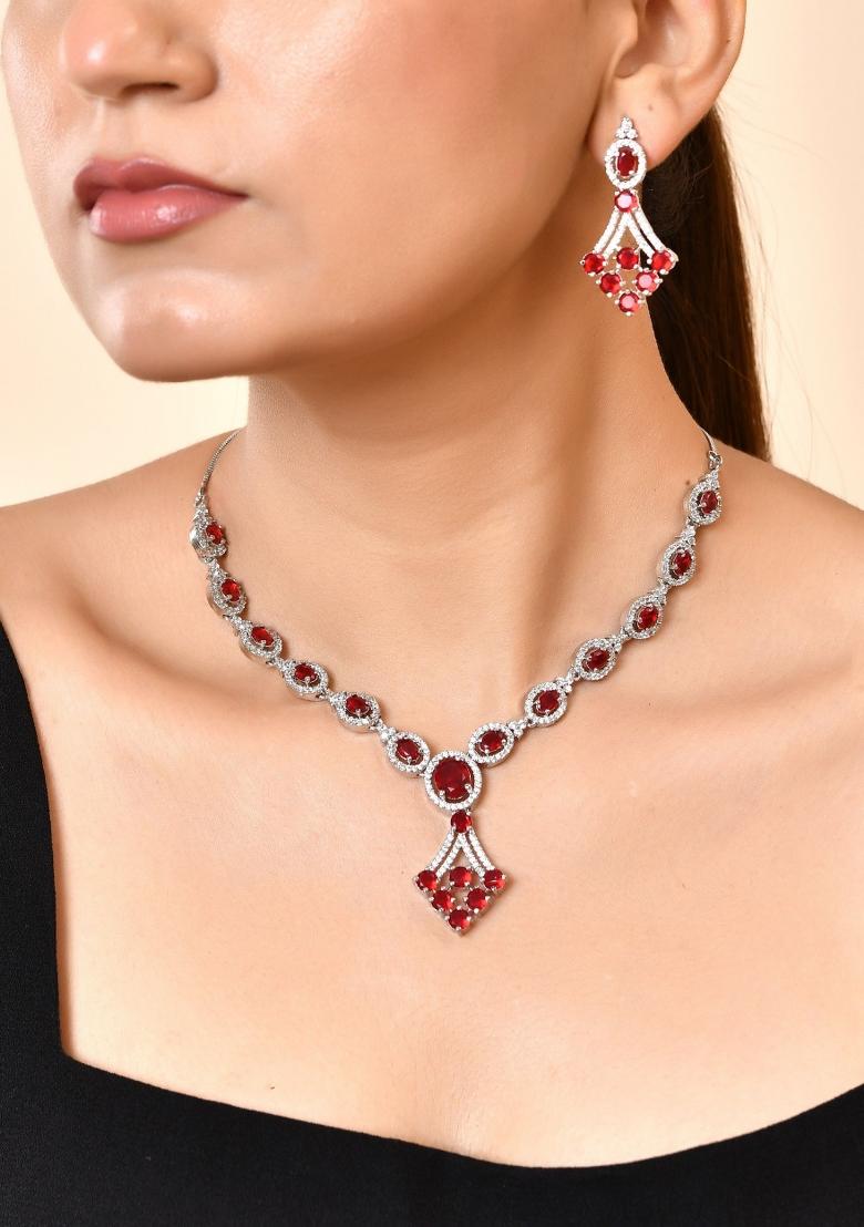 Silver Plated Ruby Red Ad Stone Studded Necklace Set - Indya