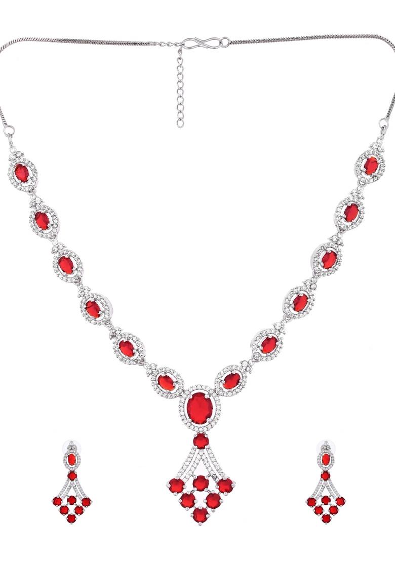 Silver Plated Ruby Red Ad Stone Studded Necklace Set - Indya