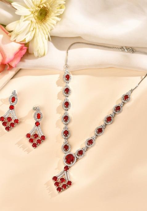 Silver Plated Ruby Red Ad Stone Studded Necklace Set
