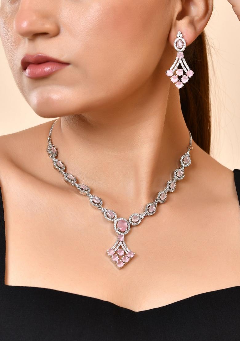Silver Plated Baby Pink Ad Stone Studded Necklace Set - Indya