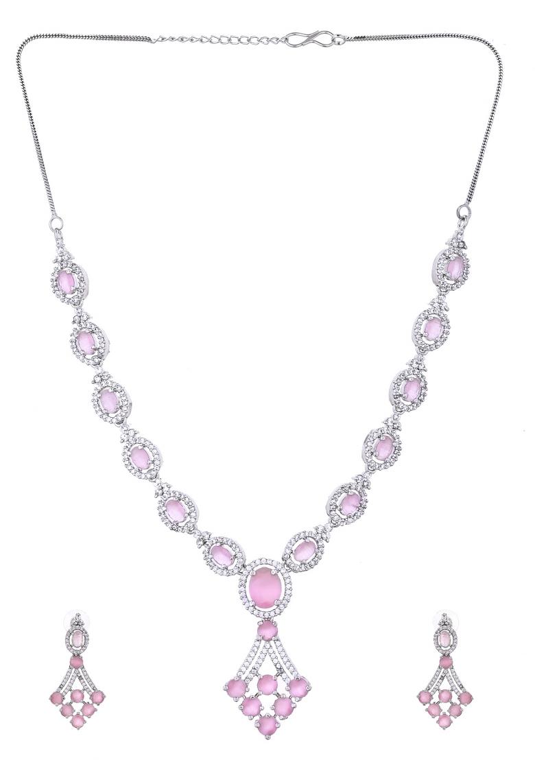 Silver Plated Baby Pink Ad Stone Studded Necklace Set - Indya