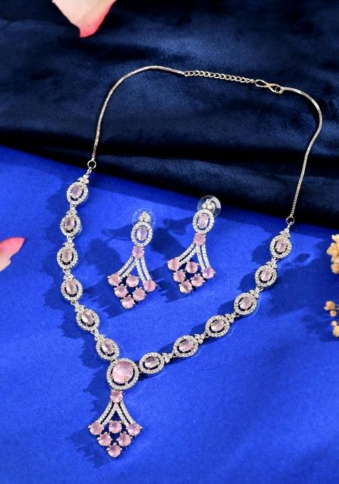 Silver Plated Baby Pink Ad Stone Studded Necklace Set