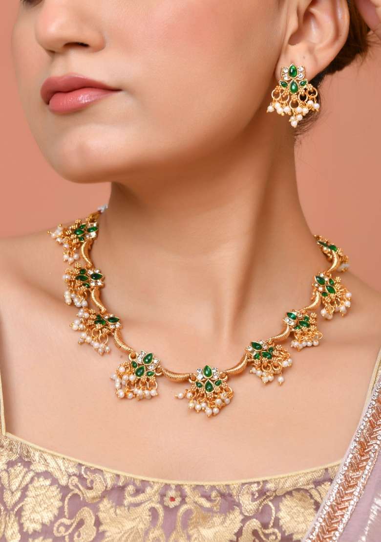Gold Tone Green Floral Necklace Set - Indya