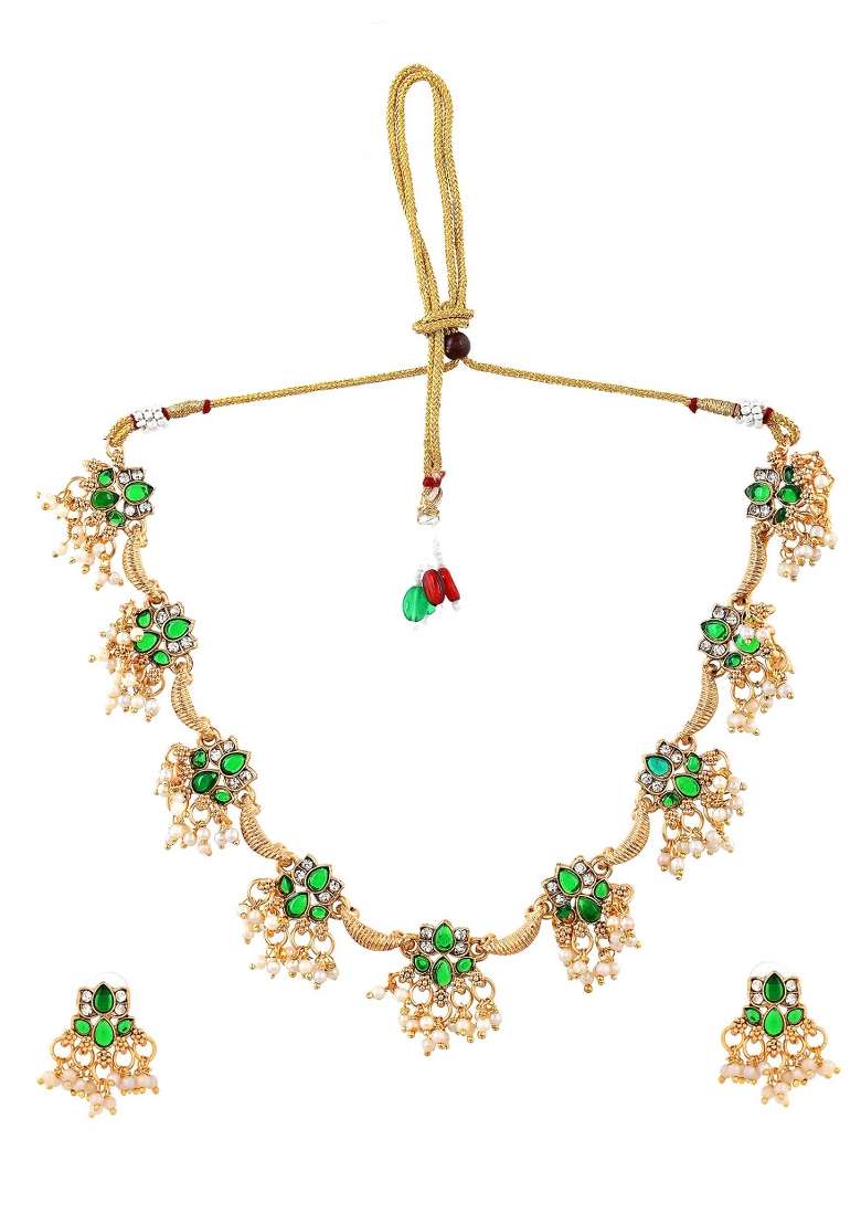 Gold Tone Green Floral Necklace Set - Indya