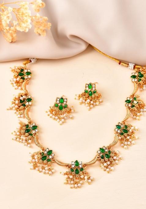 Gold Tone Green Floral Necklace Set