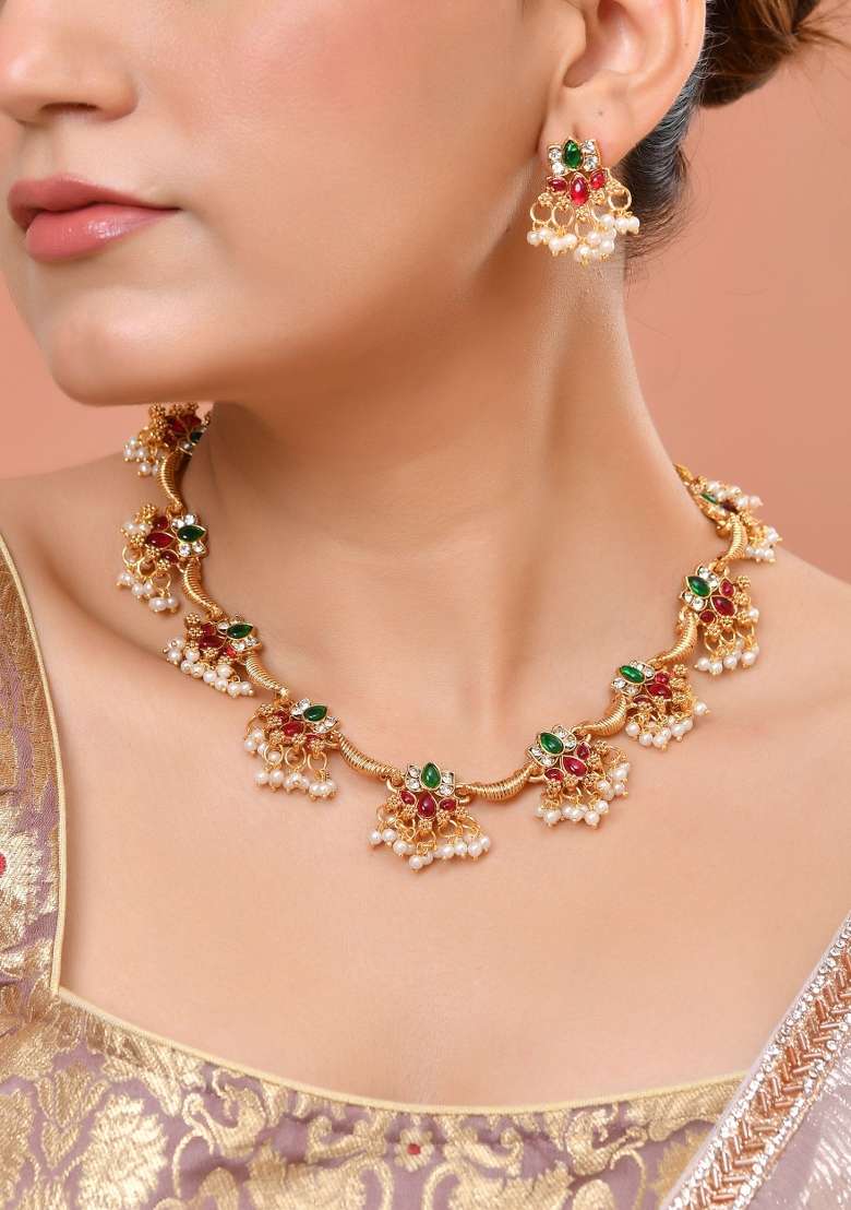 Gold Tone Multi Colour Floral Necklace Set - Indya