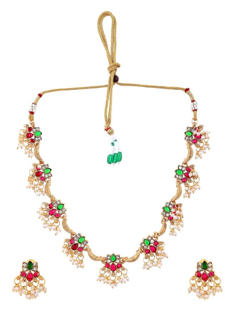 Gold Tone Multi Colour Floral Necklace Set - Indya
