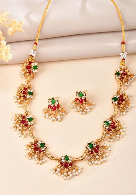Gold Tone Multi Colour Floral Necklace Set