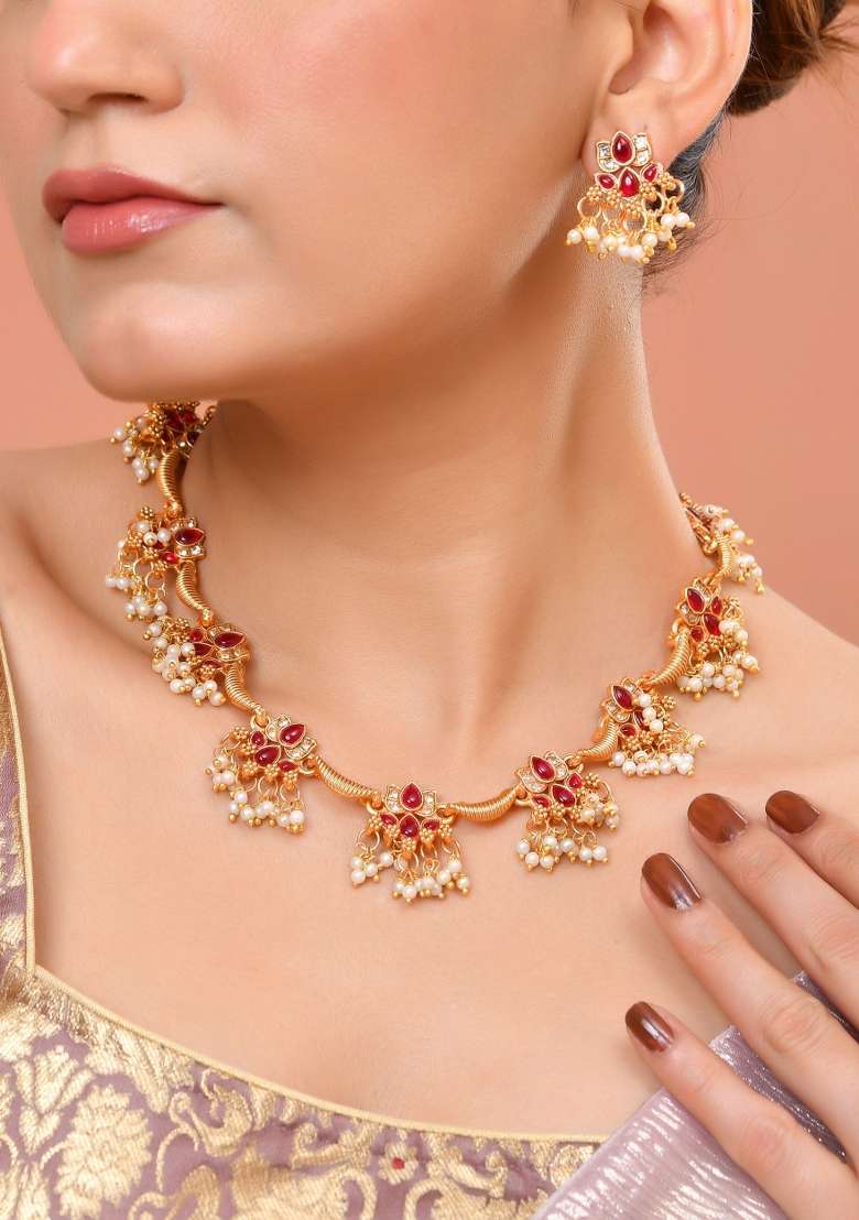Gold Tone Ruby Red Floral Necklace Set - Indya