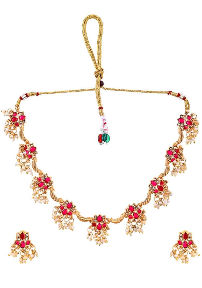 Gold Tone Ruby Red Floral Necklace Set - Indya