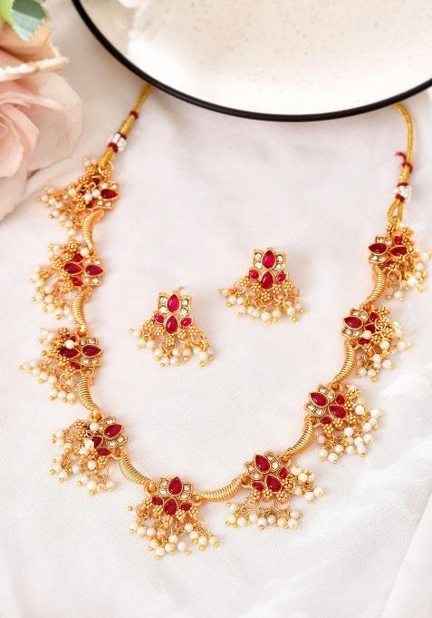 Gold Tone Ruby Red Floral Necklace Set