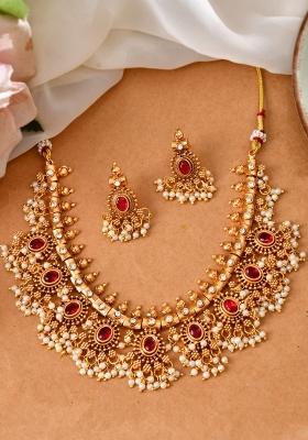 Gold Plated Ruby Red Stone Oval Jewellery Set