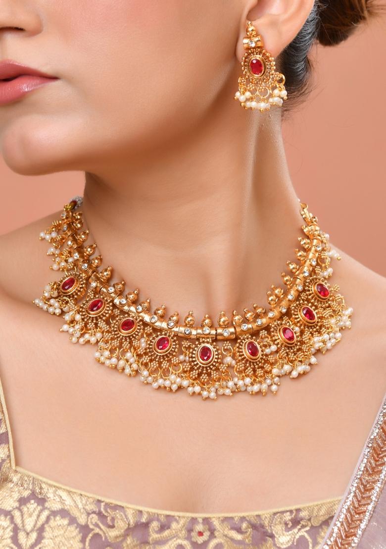 Gold Plated Ruby Red Stone Oval Jewellery Set - Indya