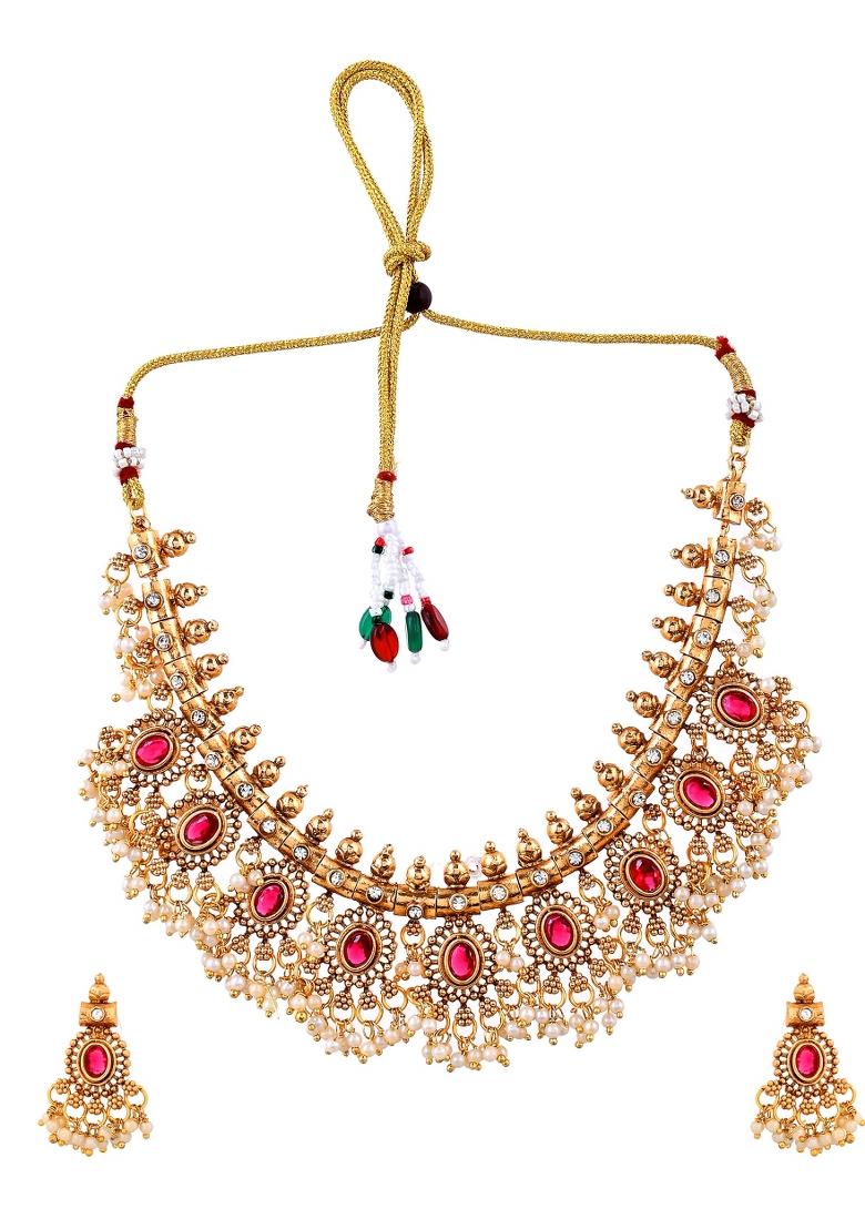 Gold Plated Ruby Red Stone Oval Jewellery Set - Indya