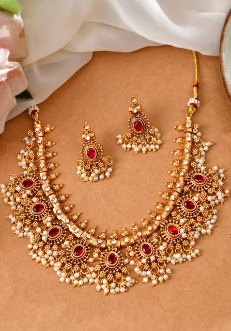Gold Plated Ruby Red Stone Oval Jewellery Set