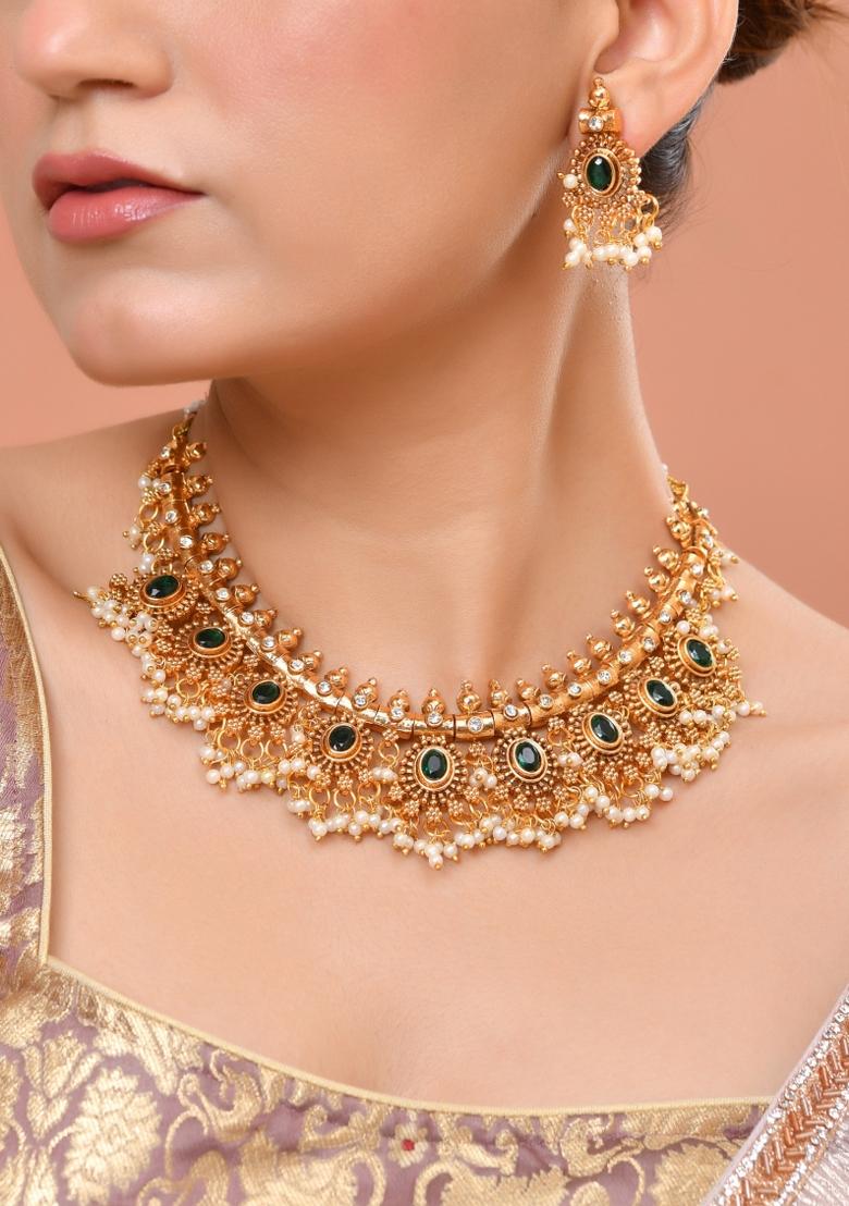 Gold Plated Green Stone Oval Jewellery Set - Indya