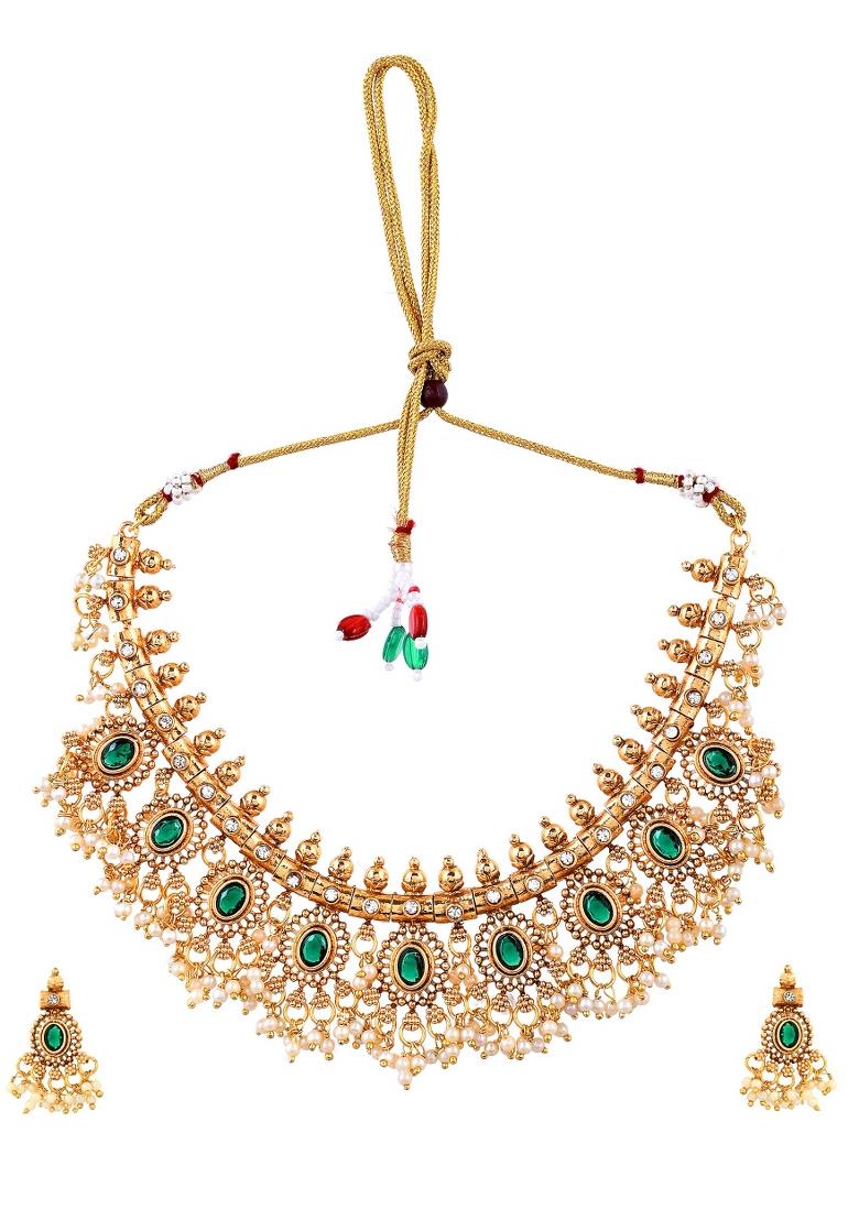Gold Plated Green Stone Oval Jewellery Set - Indya