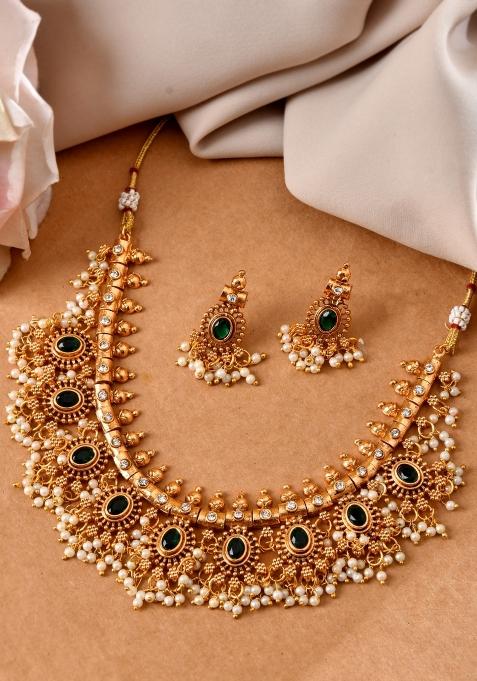 Gold Plated Green Stone Oval Jewellery Set