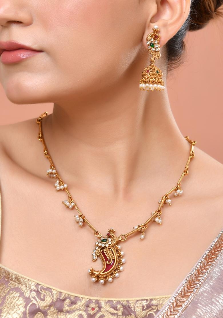 Gold Plated Antique Design Ruby Red Jewellery Set - Indya