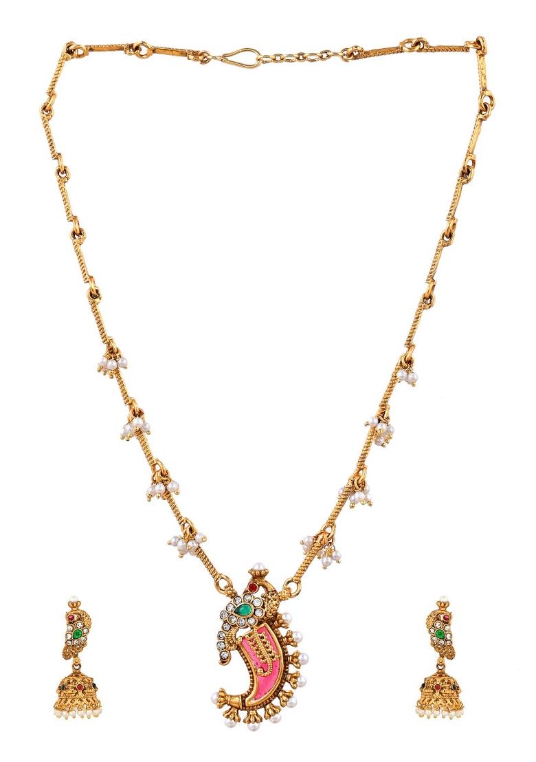 Gold Plated Antique Design Ruby Red Jewellery Set - Indya