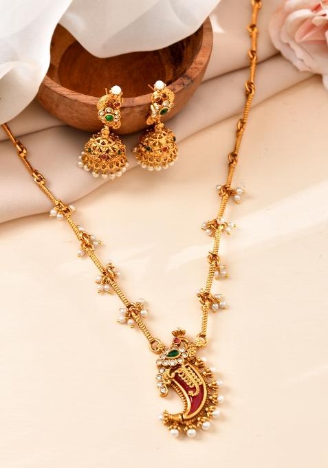 Gold Plated Antique Design Ruby Red Jewellery Set