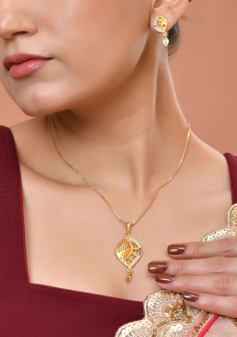 Gold Plated Simple Chain With Pendent And Earrings Set - Indya