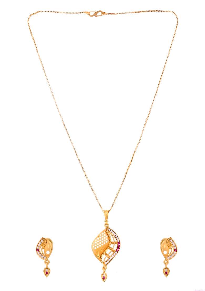 Gold Plated Simple Chain With Pendent And Earrings Set - Indya