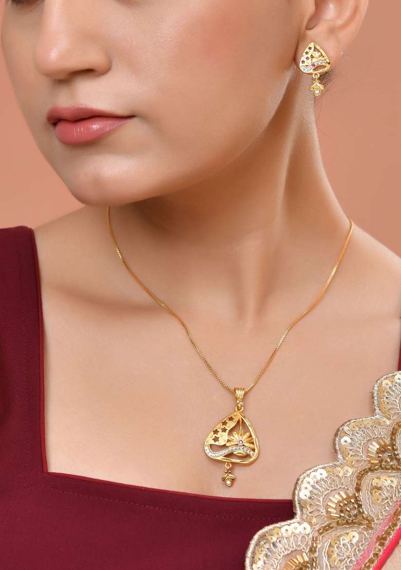 Gold Plated Floral Design Triangular Pandent With Chain And Earrings Set - Indya
