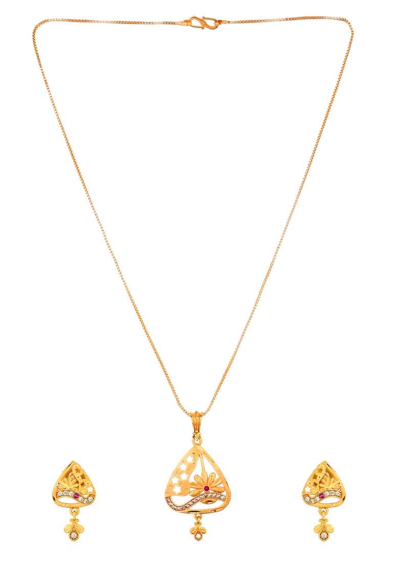 Gold Plated Floral Design Triangular Pandent With Chain And Earrings Set - Indya