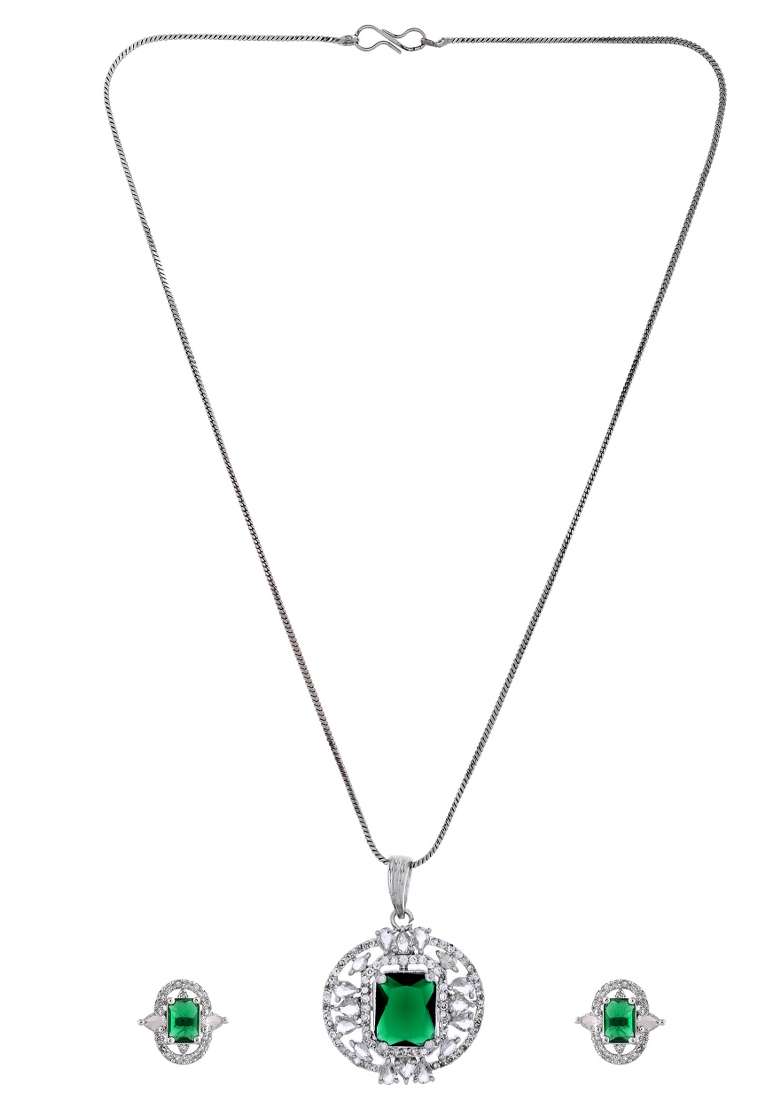 Silver Tone Blue Rectangular And Ad Stone Studded Chain Set  - Indya