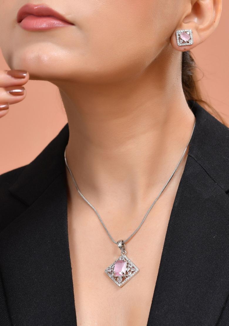 Silver Plated Baby Pink Rectangulare Stone Square Pandent With Chain Set - Indya