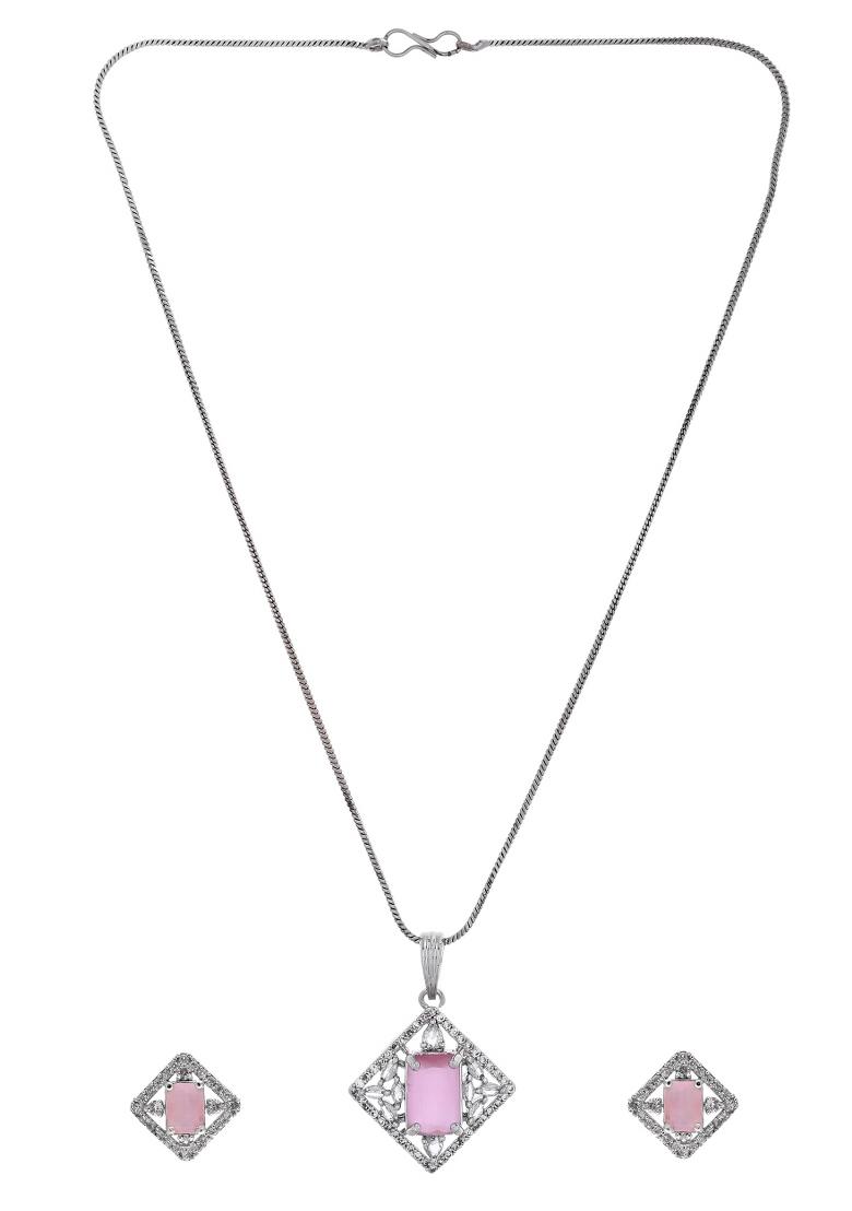 Silver Plated Baby Pink Rectangulare Stone Square Pandent With Chain Set - Indya