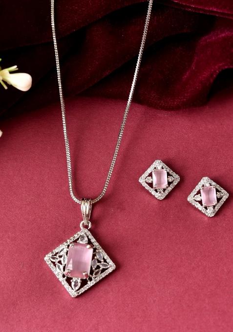 Silver Plated Baby Pink Rectangulare Stone Square Pandent With Chain Set