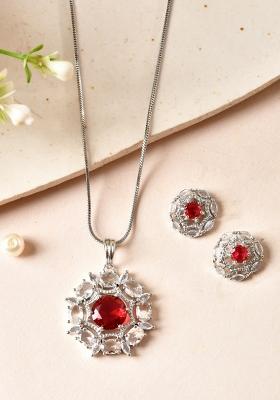 Silver Plated Ruby Red Circular Stone Studded Floral Ad Chain Set
