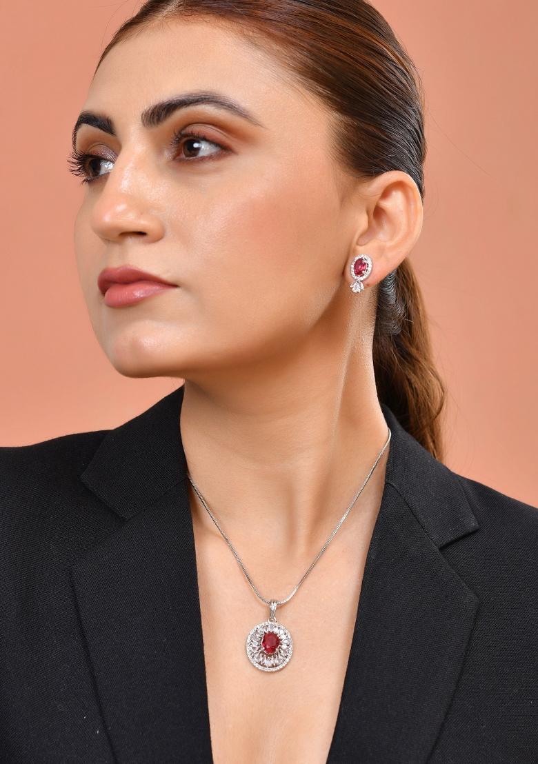 Silver Plated Ruby Red Circular Stone Studded Floral Ad Chain Set - Indya