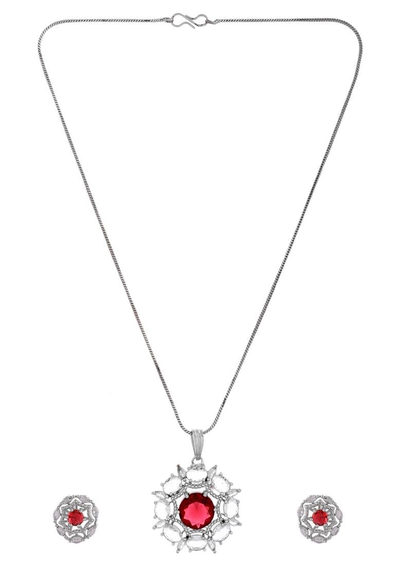 Silver Plated Ruby Red Circular Stone Studded Floral Ad Chain Set - Indya
