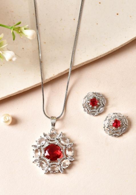 Silver Plated Ruby Red Circular Stone Studded Floral Ad Chain Set