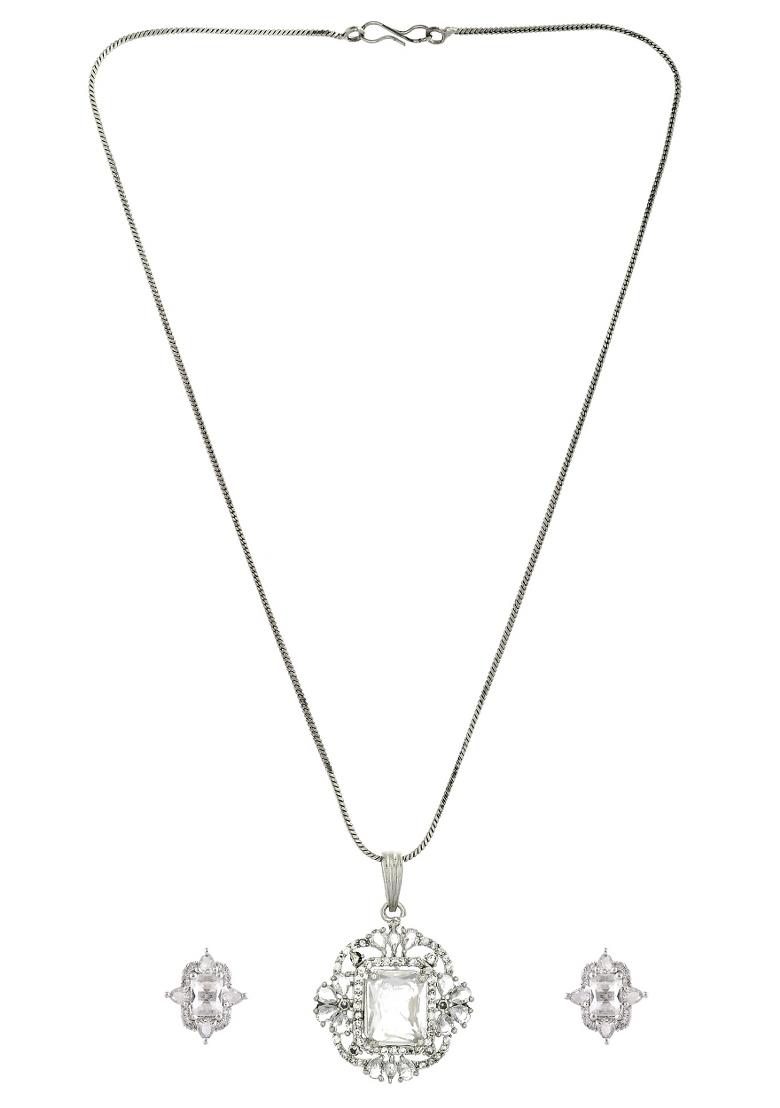 Silver Plated Rectangular Stone Studded Ad Chain Set - Indya