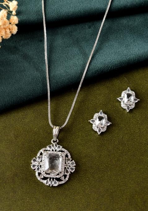 Silver Plated Rectangular Stone Studded Ad Chain Set