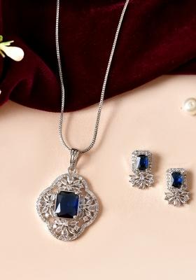 Silver Plated Blue Rectanular Stone Studded Ad Chain Set