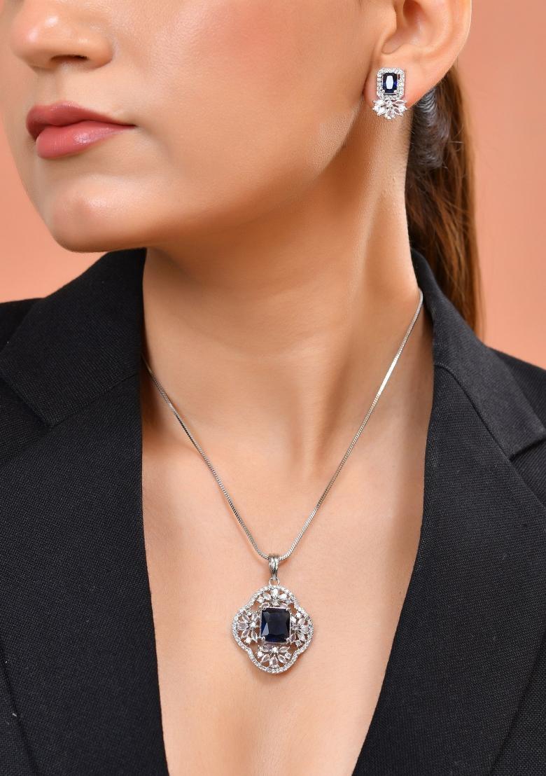 Silver Plated Blue Rectanular Stone Studded Ad Chain Set - Indya