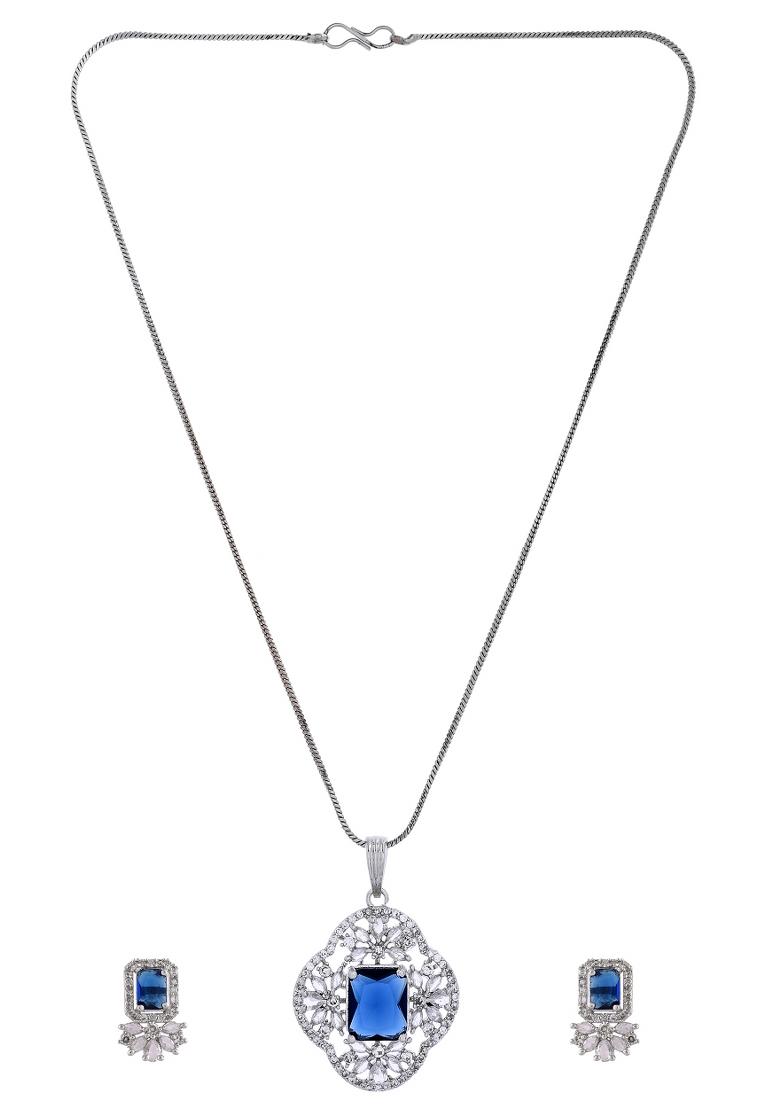 Silver Plated Blue Rectanular Stone Studded Ad Chain Set - Indya
