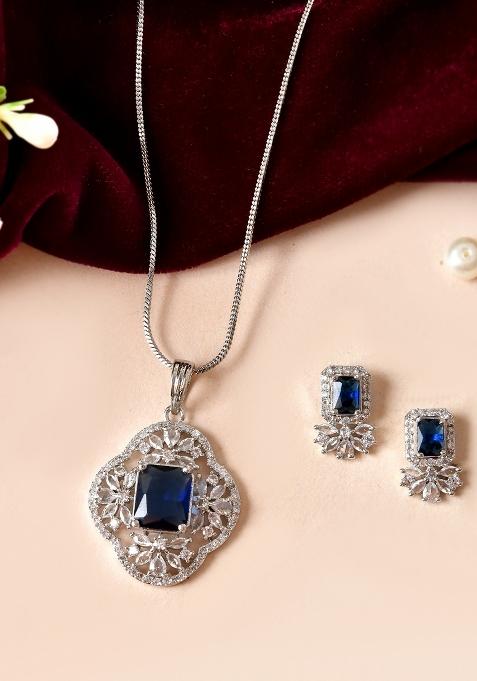 Silver Plated Blue Rectanular Stone Studded Ad Chain Set